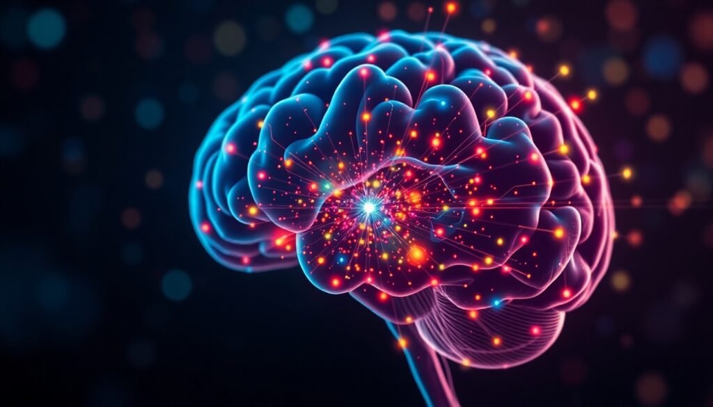 A realistic illustration of a human brain with light pathways forming a zoom lens, focusing from a broad view of colorful moving dots to a single, specific dot.