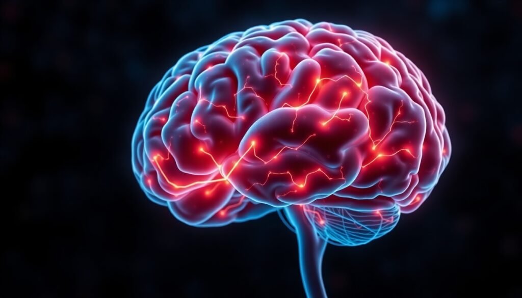 A realistic illustration of the human brain with glowing neural pathways connecting to a representation of the pancreas and liver, symbolizing the brain's control over glucose metabolism.