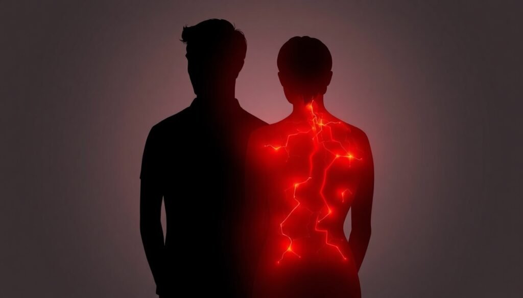 A realistic illustration of two intertwined human silhouettes, one glowing with a red stress aura that is being mirrored in the other, symbolizing empathic stress resonance between a couple