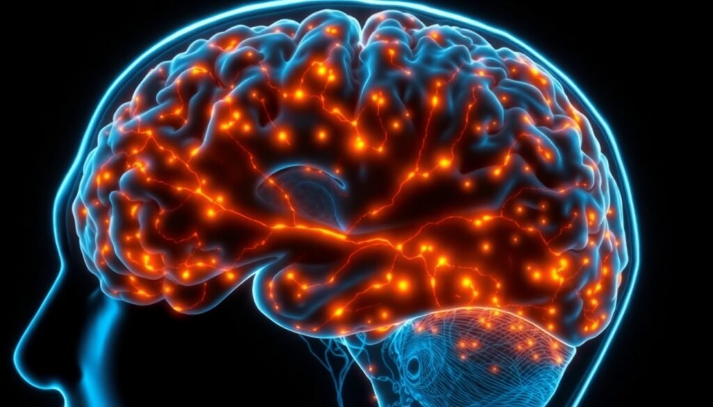 A realistic illustration of a PET scan showing the human brain and spinal cord, with glowing areas indicating synaptic activity and darker regions representing synapse loss after an injury.