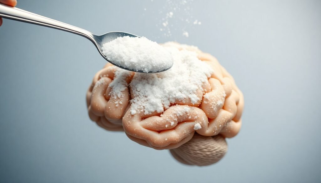 A realistic illustration of a human brain with a spoonful of white crystalline powder, representing artificial sweeteners, being sprinkled over the cerebral cortex, symbolizing the potential impact on cognitive health
