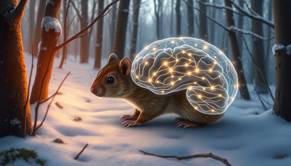 A realistic illustration of a common shrew in a winter forest, with a glowing, translucent overlay of its brain showing neural pathways.