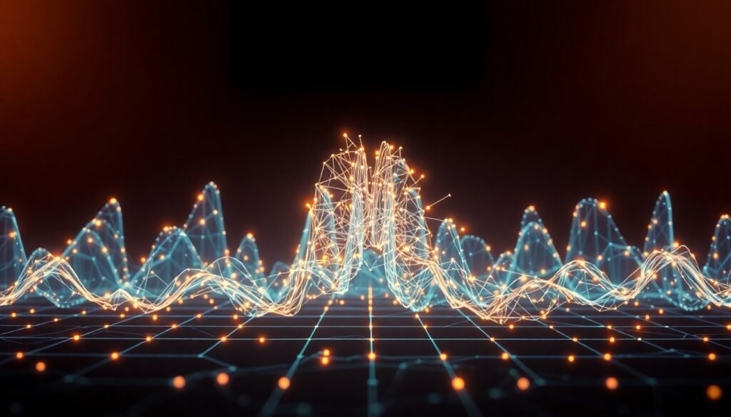 A realistic illustration of soundwaves transforming into a complex, glowing neural network, symbolizing the AI analysis of human speech for psychological insights