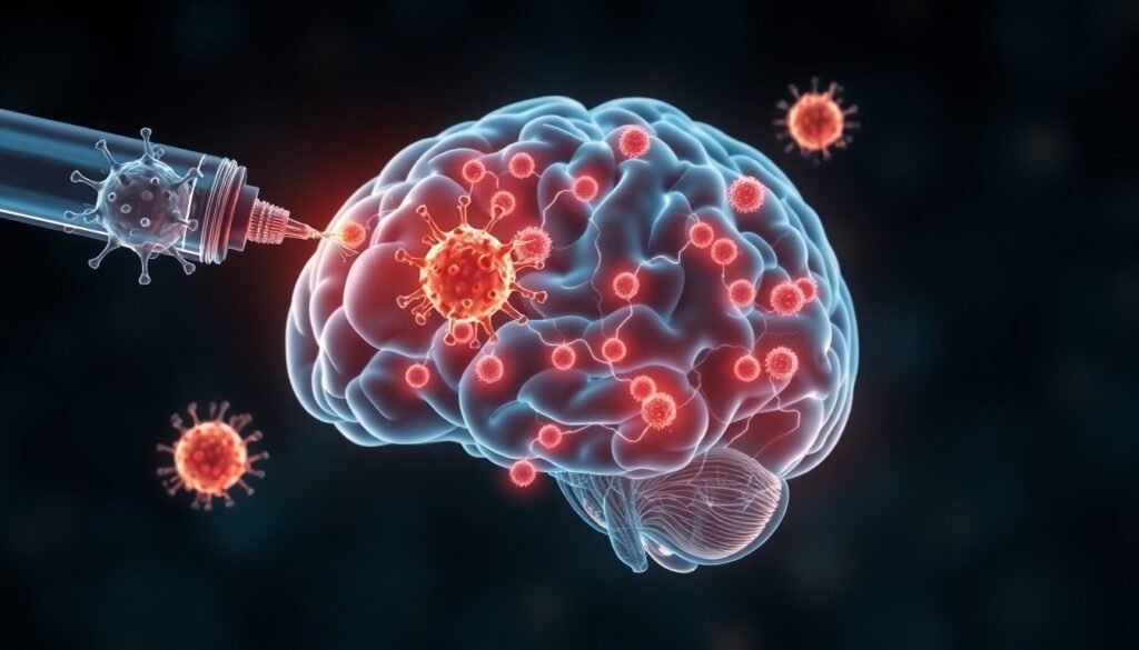 A realistic illustration showing young, vibrant immune cells being infused into a transparent, aging brain, with neural pathways lighting up in response, symbolizing rejuvenation and memory restoration.