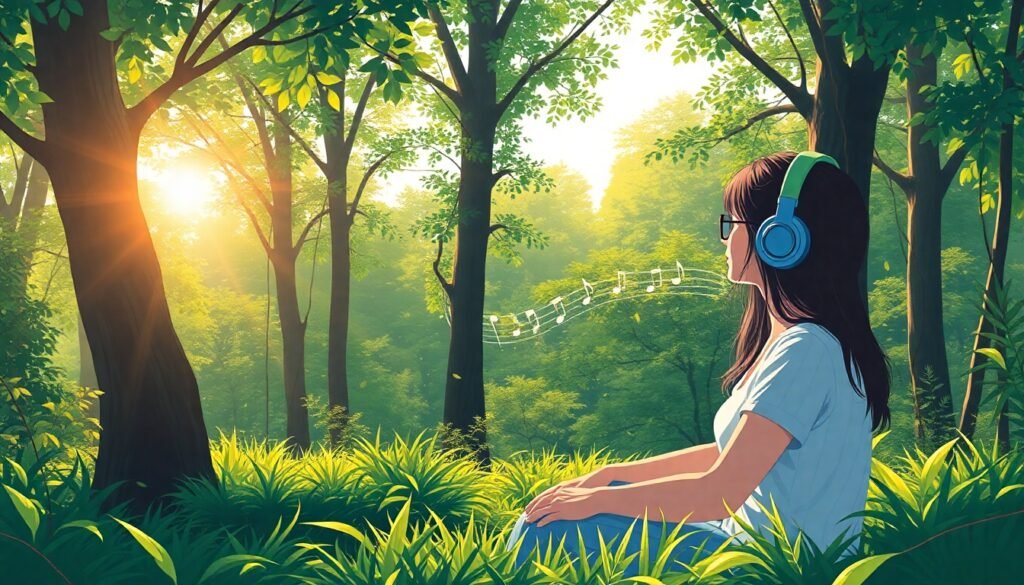 A realistic illustration of a serene woman with headphones on, sitting peacefully in a lush, sun-dappled forest, with musical notes subtly weaving through the trees and leaves