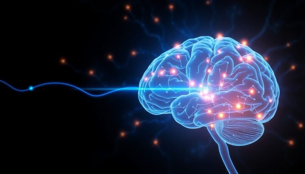 A realistic illustration of interconnected neural pathways in the brain, with glowing signals traveling between the entorhinal cortex and the hippocampus, representing the stabilization of memory circuits.