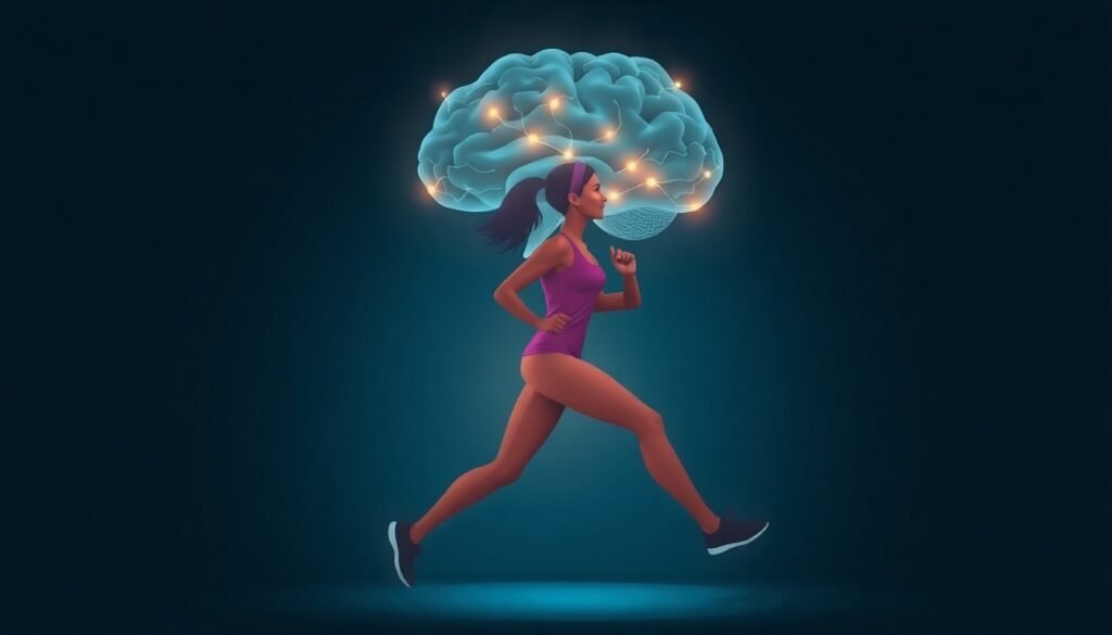 A realistic illustration of a woman's brain with neural pathways lighting up, superimposed over a silhouette of her running, symbolizing the connection between exercise and cognitive function.