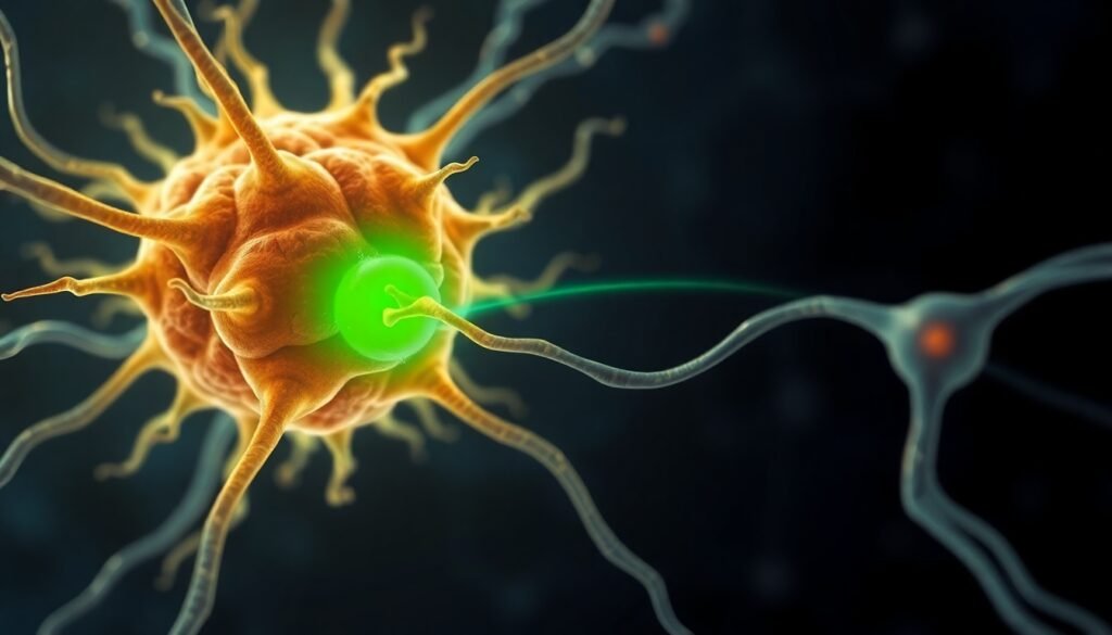 A realistic, microscopic-style illustration of a brain's microglia cell, appearing as a star-shaped entity with glowing tendrils. It is actively engulfing a synapse between two neurons, which is highlighted with a faint green aura, representing the complement proteins marking it for destruction.
