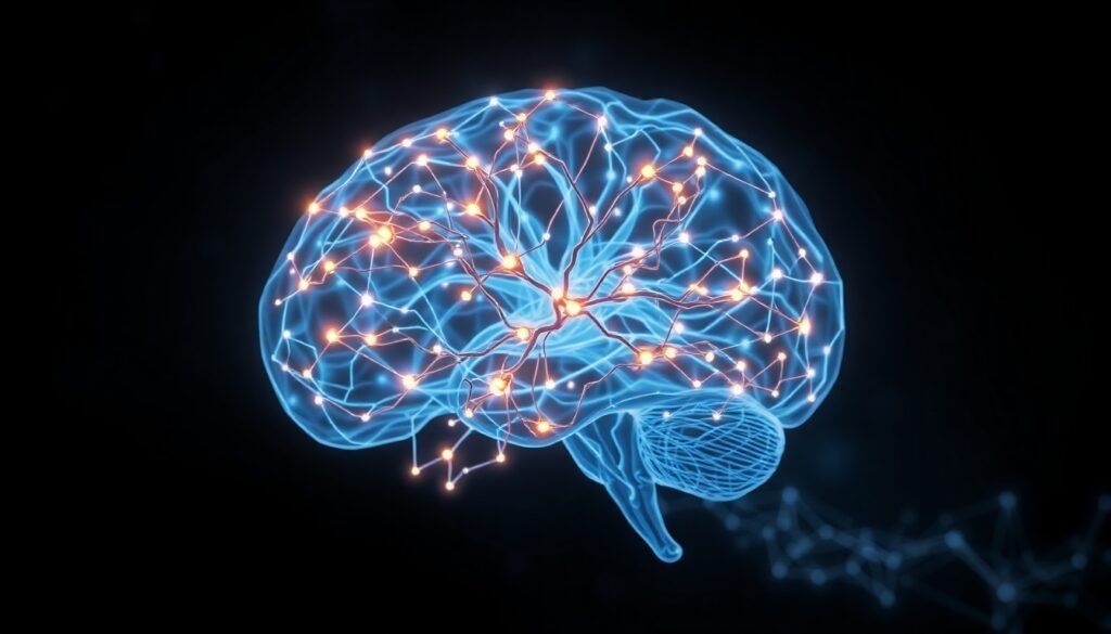 A realistic illustration of interconnected neural networks glowing within a translucent brain, symbolizing the complex process of hierarchical decision-making and uncertainty processing.