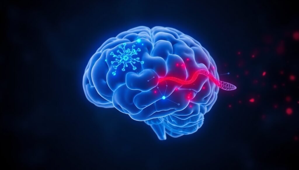 A realistic illustration of a human brain where a glowing blue protective protein, Netrin-1, is being suppressed and diminished by red inflammatory signals originating from a DNA strand representing the APOE4 gene.