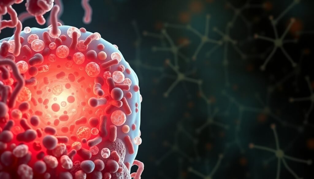 A realistic, detailed illustration showing a microscopic view of a diverse oral microbiome with various bacteria, with a subtle overlay of neural synapses in the background, symbolizing the connection between oral health and neurological conditions like Multiple Sclerosis