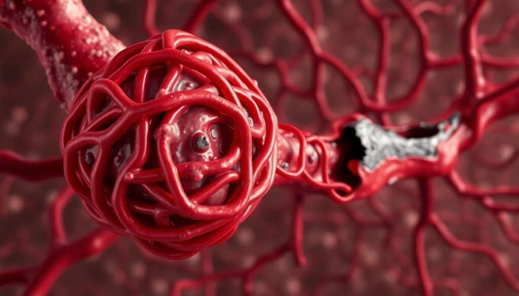 A realistic microscopic view of a tangled, abnormal blood clot formed by amyloid-beta and fibrinogen proteins, adjacent to a damaged brain blood vessel with neurons in the background, illustrating the vascular breakdown in Alzheimer's disease.