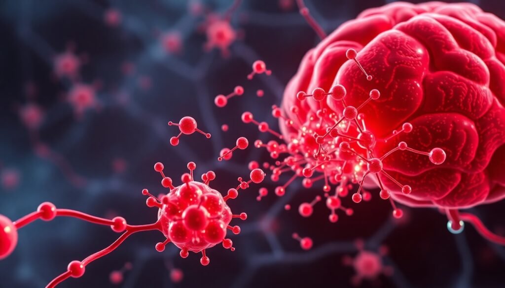 A realistic illustration of bioactive nanoparticles crossing the blood-brain barrier, clearing away tangled amyloid-beta plaques from brain neurons.