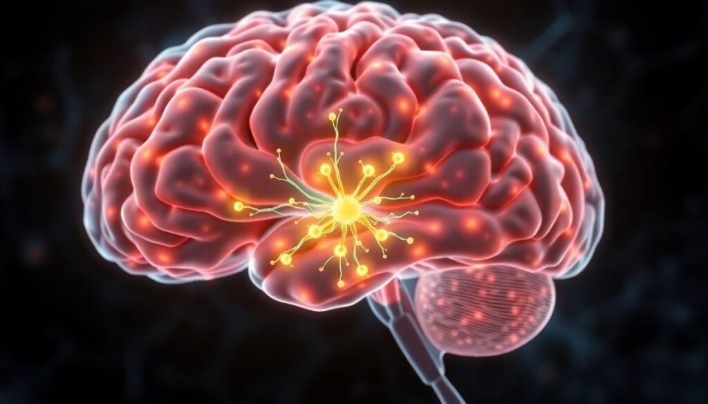 A realistic illustration of a neural circuit in the brain, with a specific group of neurons in the lateral hypothalamus glowing brightly, symbolizing their activation to counteract anxiety signals coming from the prefrontal cortex.