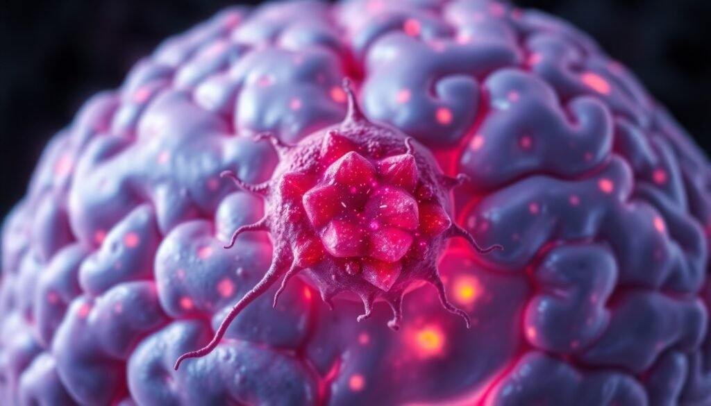 A realistic microscopic view of the human brain, showing a central, malfunctioning DARG cell with characteristics of both immaturity and aging, releasing inflammatory signals that affect surrounding neurons and glial cells in a progressive multiple sclerosis lesion.