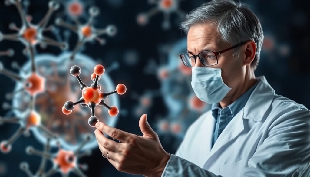 A realistic depiction of a scientist examining a molecular structure, with a background representing neurons or brain tissue affected by Parkinson's disease, highlighting the concept of protein clumping and potential peptide intervention.