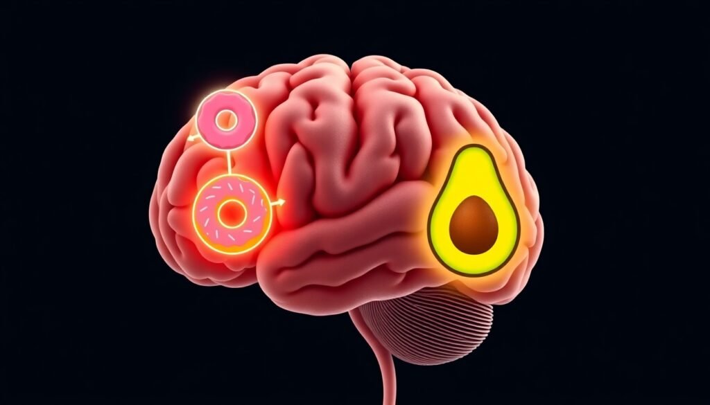 A realistic illustration of the human brain with two distinct, glowing pathways originating from the brainstem and hypothalamus, one leading to an icon of a sugary donut and the other to an icon of an avocado, representing separate cravings for carbohydrates and fats.