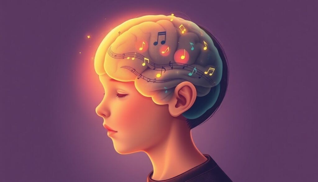 A realistic illustration of a teenager's brain glowing with musical notes, symbolizing the deep imprinting of musical memories during adolescence.