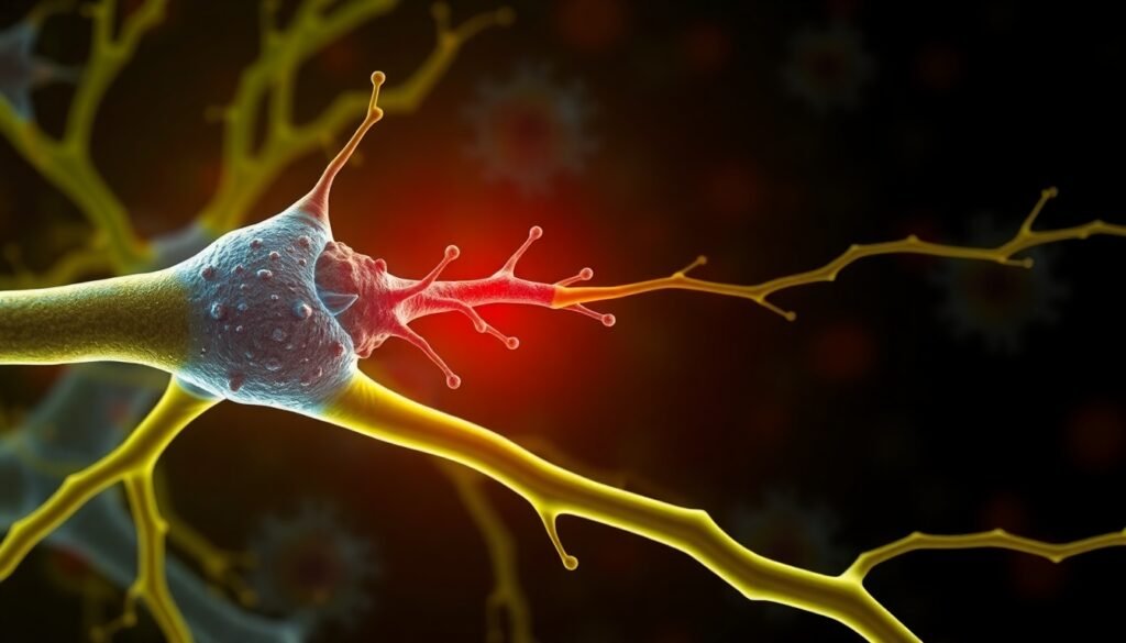 A realistic illustration showing a neuron in the brain with its damaged myelin sheath being repaired by newly maturing oligodendrocytes, set against a background of reduced immune cell presence, symbolizing remyelination and restoration in multiple sclerosis