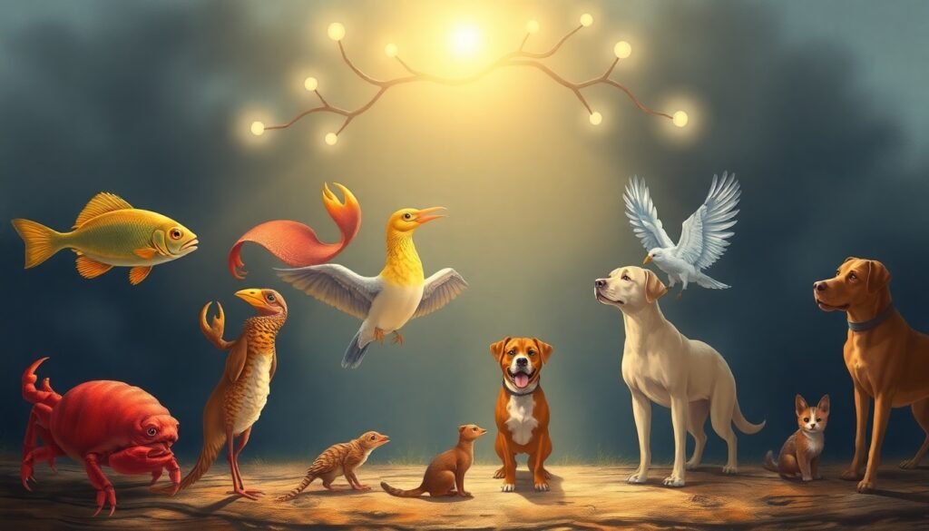 A realistic illustration showing a variety of animals, from a fish and a crab to a bird and a dog, all illuminated as if by a light symbolizing consciousness. The background hints at a decision tree branching across the scene.