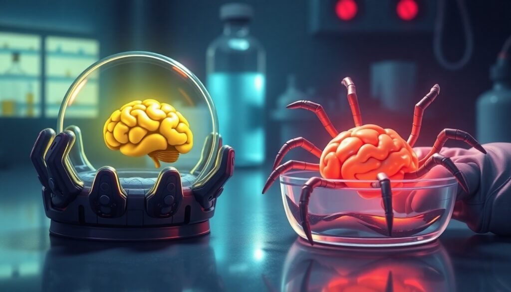 A realistic illustration of a laboratory scene where a glowing mini-brain in a petri dish sits next to a high-tech glove with spider-like spinnerets, symbolizing creepy but life-saving scientific breakthroughs.