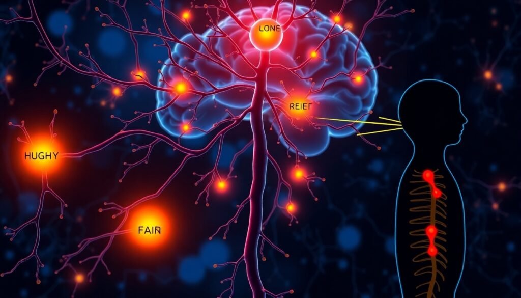 Realistic illustration of neurons in the brainstem integrating signals of hunger, fear, and pain, with highlighted synapses showing neuropeptide signaling and a human silhouette expressing relief from chronic pain.