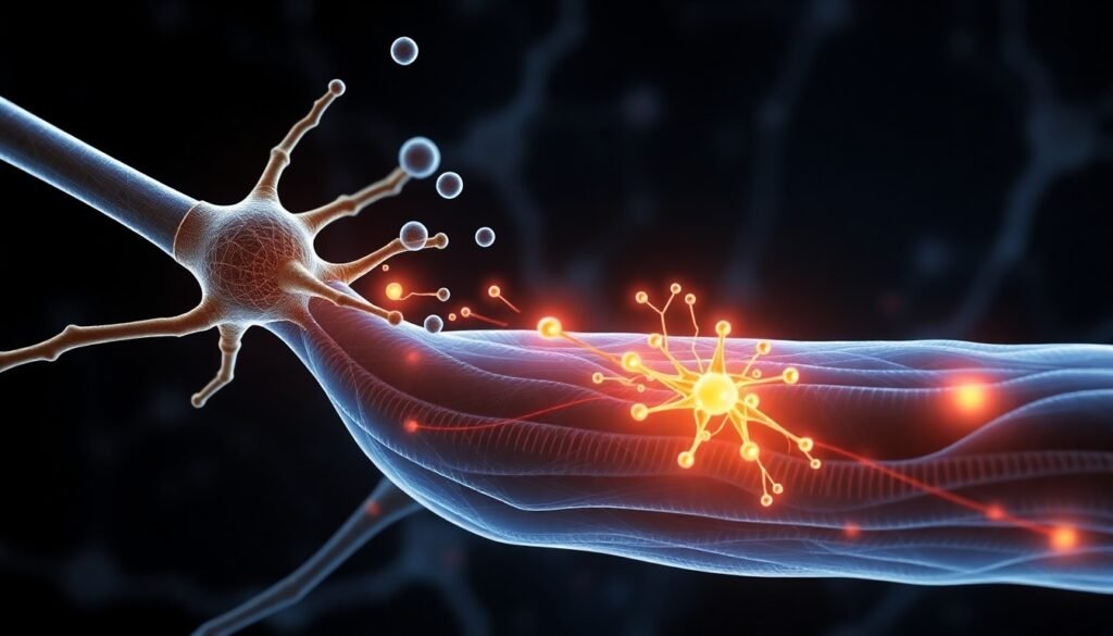 A realistic, microscopic view of a neuromuscular junction, with neurotransmitters moving from a nerve ending towards complex, glowing acetylcholine receptors on a muscle fiber, illustrating the moment of synaptic communication.