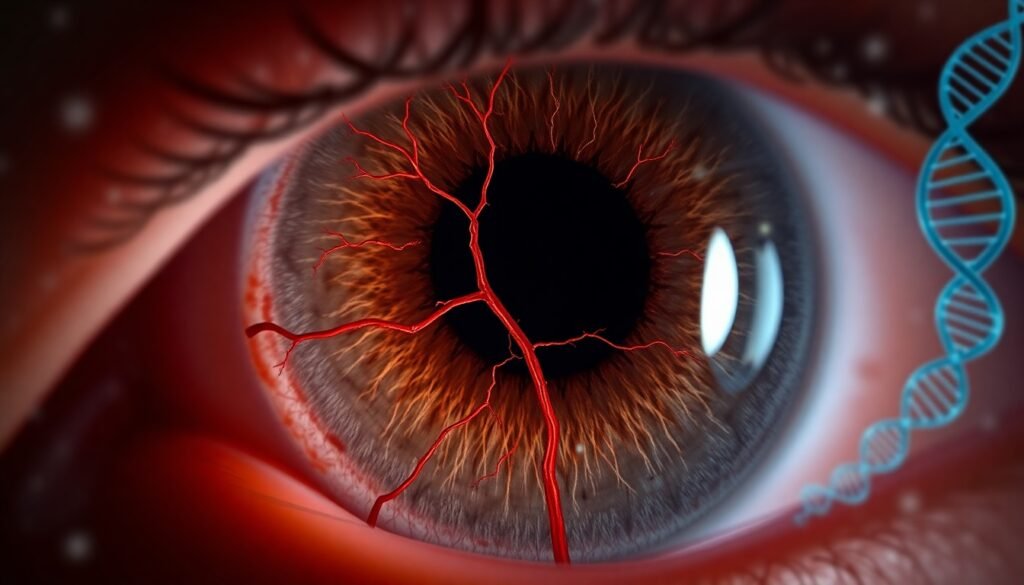 A realistic depiction of a retinal exam, highlighting the retinal arteries, with subtle references to DNA to convey the concept of genetic influence in eye disease