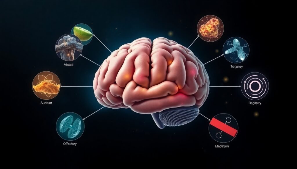 A realistic illustration of a human brain surrounded by visual, auditory, tactile, olfactory, gustatory, magnetic, and radiation-like sensory representations, suggesting the integration of seven senses