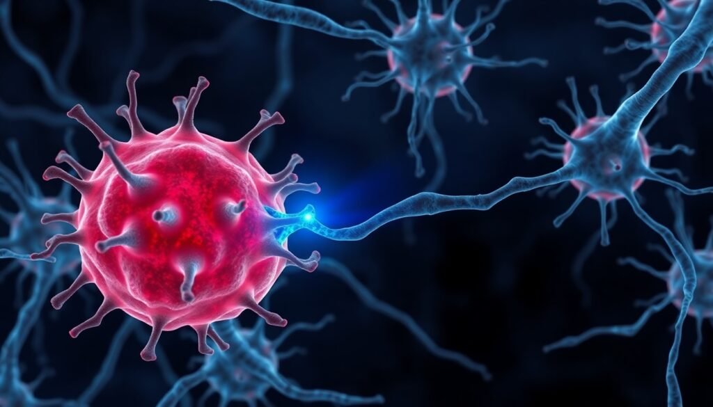 A realistic illustration of microglia cells in the brain pruning synapses. One microglial cell is actively engulfing a glowing blue synapse connecting two neurons, while other healthy synapses remain intact. The style should be detailed and scientific, with a dark, moody background representing the brain's interior.
