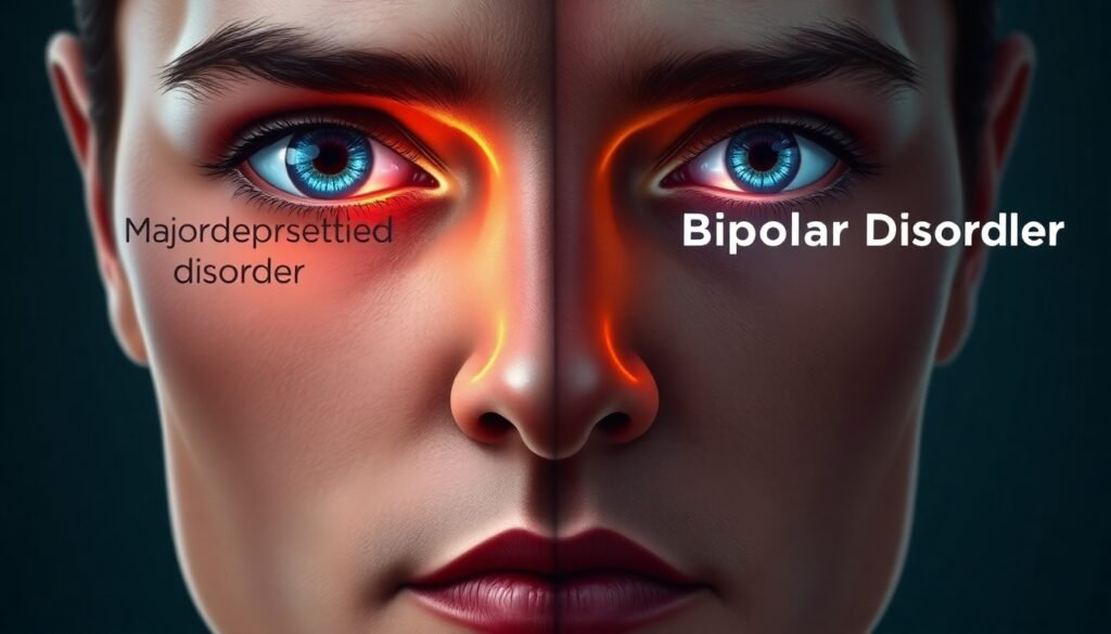 A realistic, detailed illustration of a human face, split down the middle. The left side shows glowing digital markers focused on the inner corner of the eye and inner lip, labeled 'Major Depressive Disorder'. The right side shows glowing markers on the outer corner of the eye and outer lip, labeled 'Bipolar Disorder'.