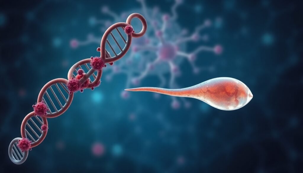 A realistic, detailed illustration showing a stylized DNA helix intertwined with viral particles on one side, transitioning into a representation of a sperm cell on the other. In the background, a faint, abstract depiction of neural networks, symbolizing the connection between paternal infection and offspring neurodevelopment.