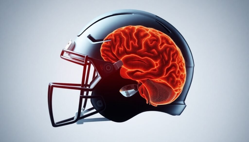 A realistic illustration of a football helmet superimposed over a detailed MRI scan of a human brain, symbolizing the connection between the sport and neurological health.