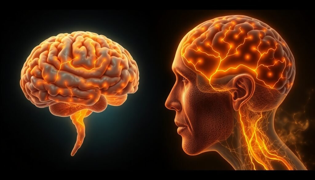 A realistic illustration depicting the contrast between a Neanderthal brain and a modern human brain, with glowing neural pathways symbolizing the development of language under the influence of environmental factors like lead