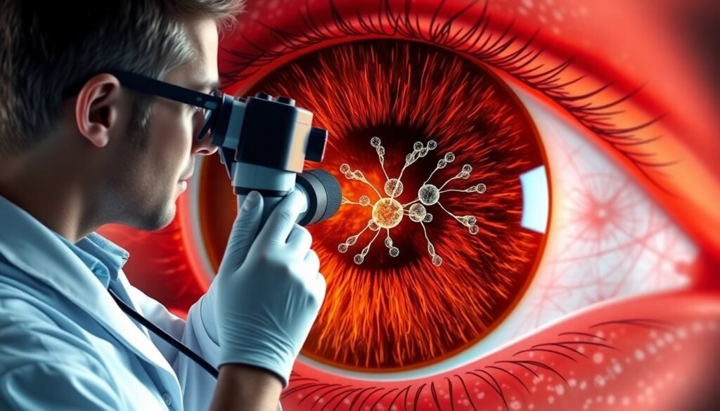 Realistic illustration of a scientist observing microglia cells in the retina, using a high-tech imaging device, against a backdrop of eye anatomy