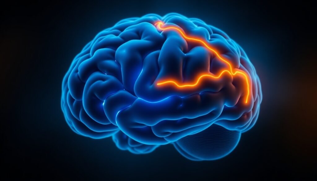 A realistic illustration of a human brain, with a glowing blue pathway originating from the frontal lobe representing mental navigation, and a separate glowing orange pathway from the eyes to the posterior region representing visual perception.