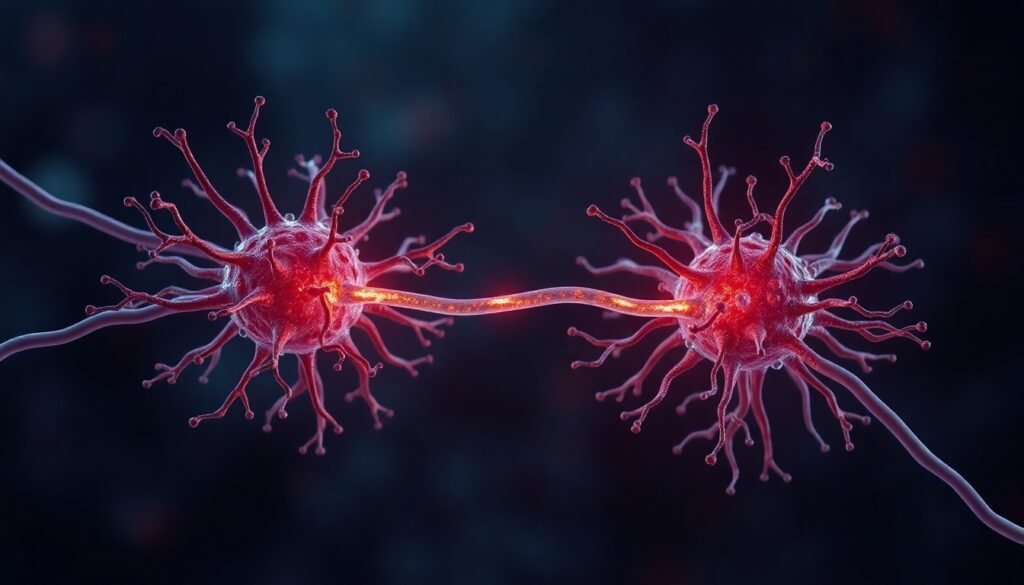 A realistic illustration of two neurons connected by a thin, glowing nanotube, with toxic proteins being transported through it