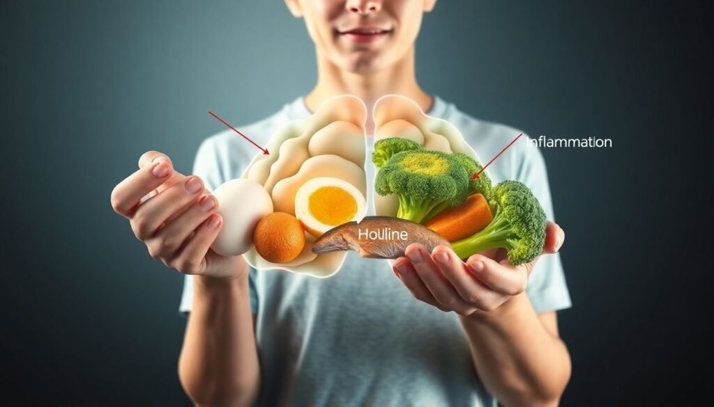 A realistic illustration of a young adult holding foods rich in choline, like eggs, fish, and broccoli, with a faint outline of the brain highlighting areas of inflammation and neuron health.