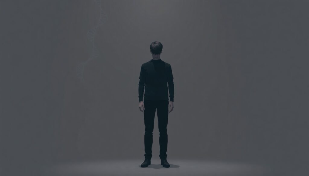 A realistic illustration of a somber individual standing alone, with a subtle overlay of genetic strands and a muted background, representing hidden suicide risk factors without visible warning signs.