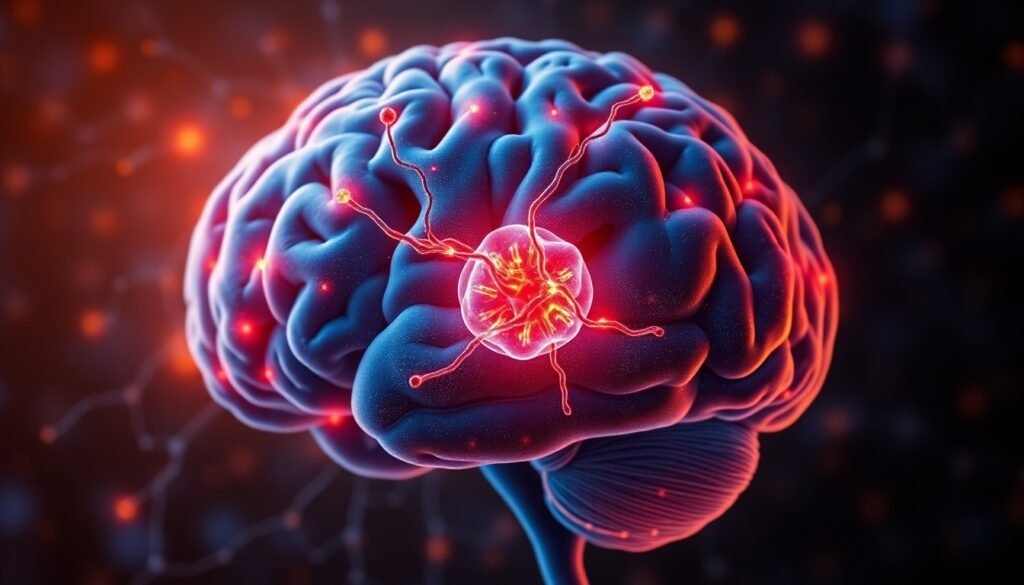 A realistic illustration of a human brain with a glowing network of astrocytes, highlighting the mitochondria within one cell releasing free radicals that cause inflammation.