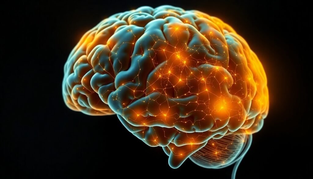 A realistic illustration of the human brain with highlighted corpus callosum tracts showing age-related network-specific changes.