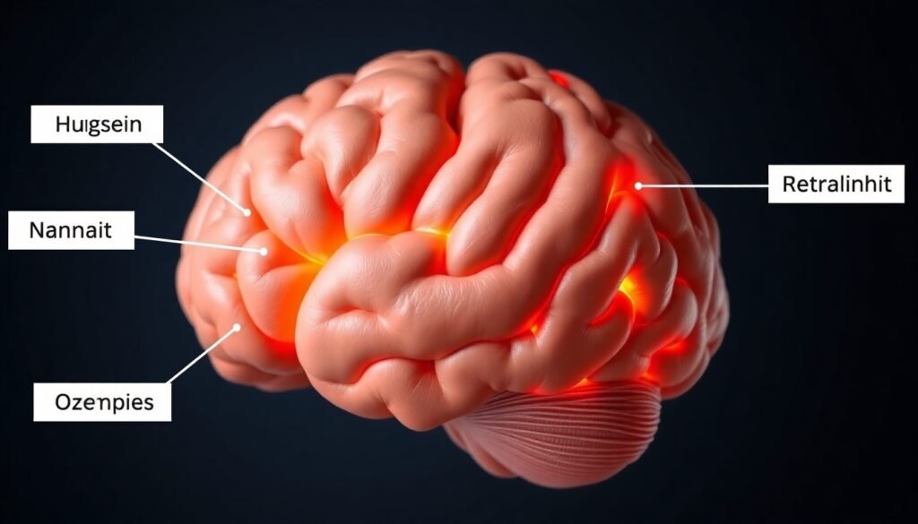 A realistic illustration of a brain with highlighted regions involved in hunger, nausea, and reward, symbolizing the effects of GLP-1 drugs like Ozempic and Wegovy.