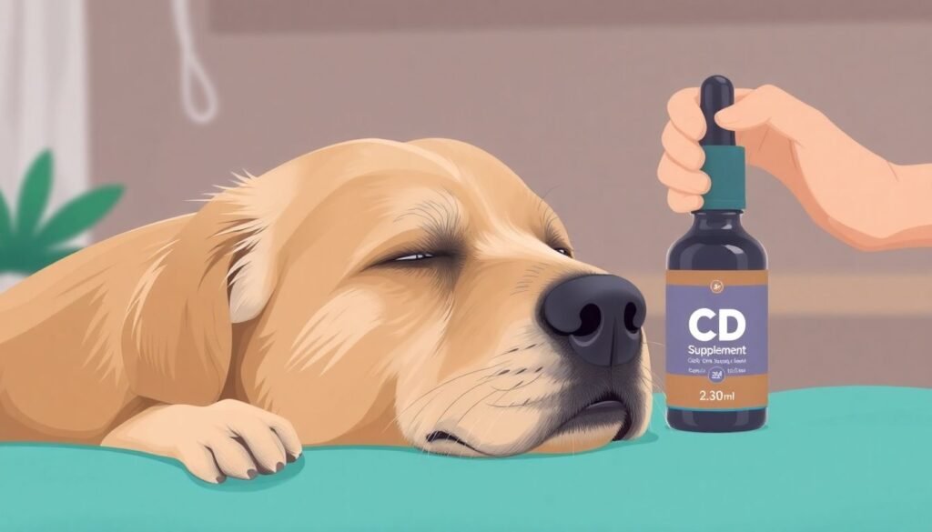 A realistic illustration of an older dog looking calm while receiving care, with a CBD supplement bottle in the background
