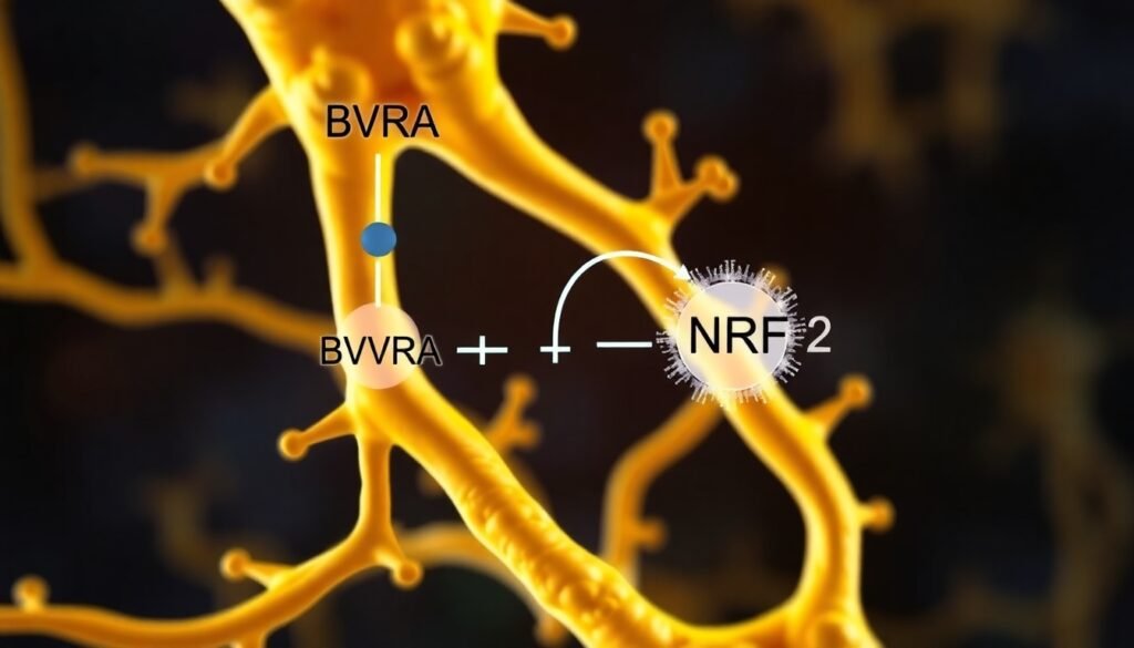 A realistic illustration of the BVRA enzyme binding to the NRF2 protein within a neuron, activating the cell's antioxidant defense system against oxidative stress.