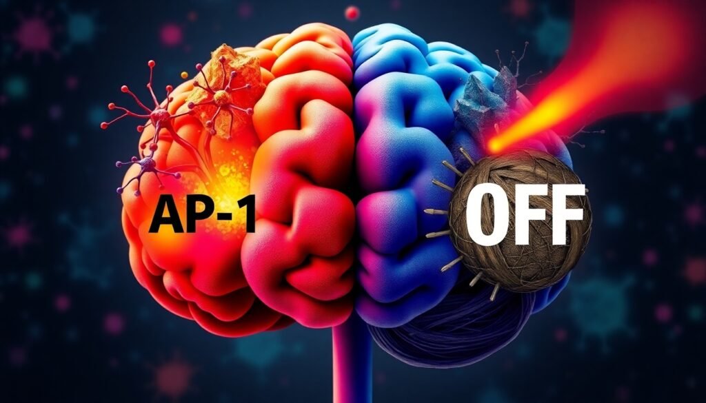 A realistic illustration of the brain, where a stimulating, colorful environment flips a genetic switch (AP-1) to 'ON', strengthening neuronal connections, while a drab, impoverished environment flips the switch to 'OFF', weakening them.