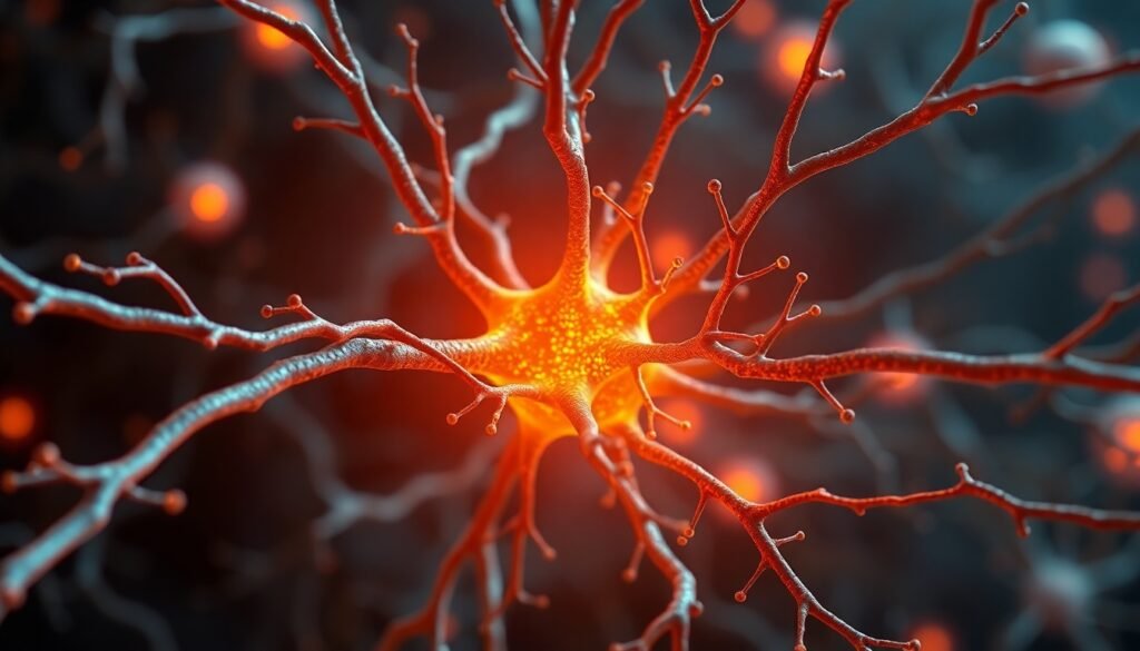 Realistic depiction of neurons in the adult brain with molecular interactions highlighting FMRP involvement in synaptic plasticity