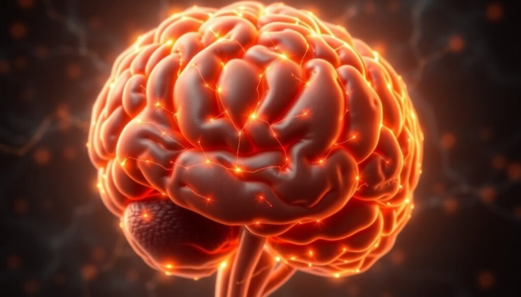 A realistic illustration of neural pathways in the human brain lighting up in response to the sensory experience of eating a piece of dark chocolate.