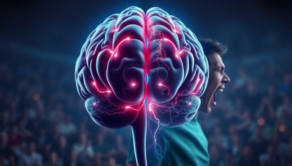 A realistic illustration of a human brain with glowing neural pathways superimposed over a split image of a cheering soccer fan on one side and an angry, shouting soccer fan on the other