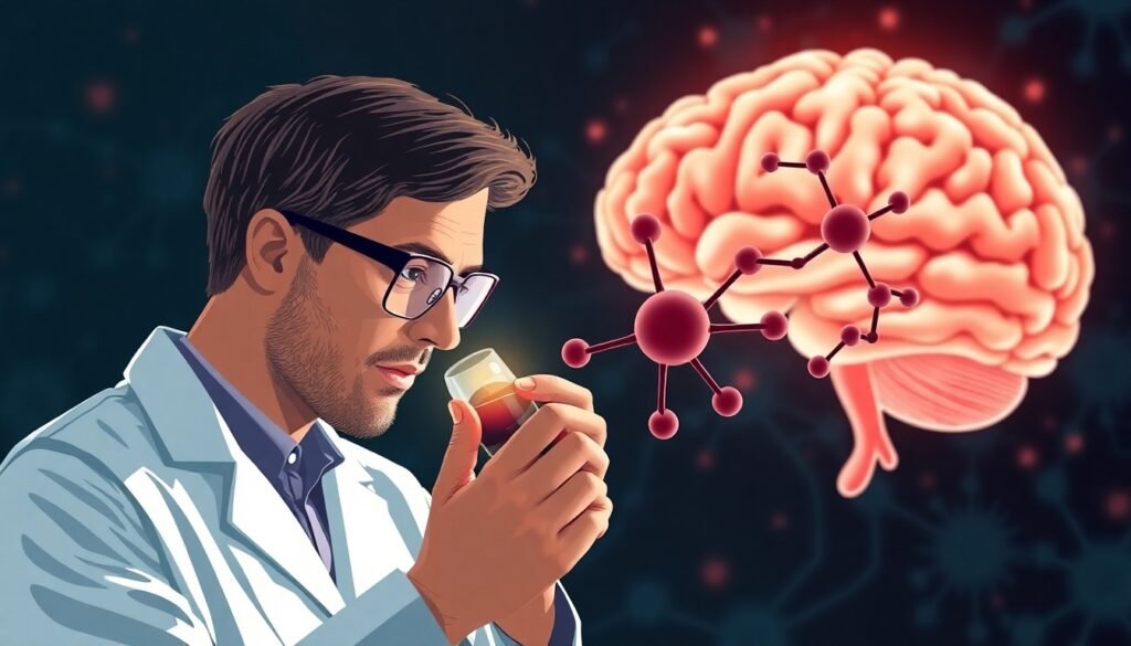 A realistic illustration of a scientist examining a complex molecular structure of a lipoprotein, with a stylized human brain in the background, representing the link between blood metabolites and neurological health.