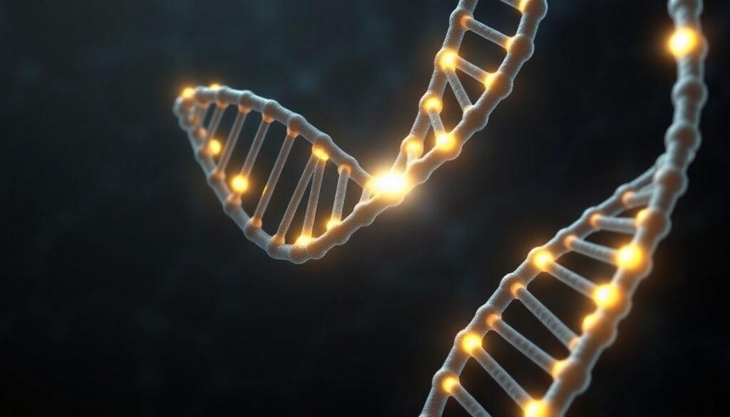 A realistic illustration of a double helix of DNA, with one strand glowing brightly at specific points, symbolizing the identified genetic markers for early-onset depression, set against a backdrop of neural networks.